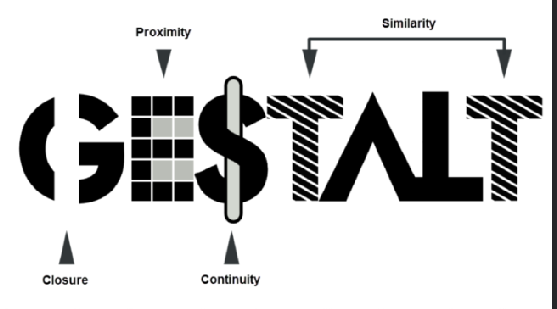 <p>Closure: <span>Assumption that shapes/objects are complete despite being obscured by other information</span></p><p>Proximity: <span>Assumption that information that is relatively close together must also group together</span></p><p>Continuity: <span>Assumption that lines/edges/contours keep going in their general direction even when encountering other objects</span></p><p>Similarity: Assumption that information that is of the same kind (shape, color, etc.) groups together</p>