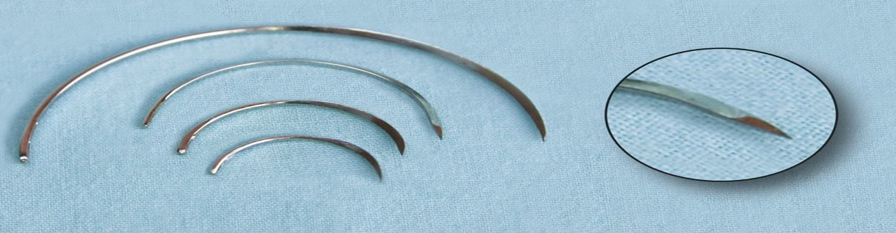 <ul><li><p>suture skin, tendon, and ligaments</p></li><li><p>triangular needle with cutting edge on all 3 sides or has flat cutting surface at tip that forms triangle closer to eye</p></li><li><p>1/2 and 3/4 inch diameters (small animal)</p></li><li><p>3 inches to 6 inches in length for large animals</p></li></ul>