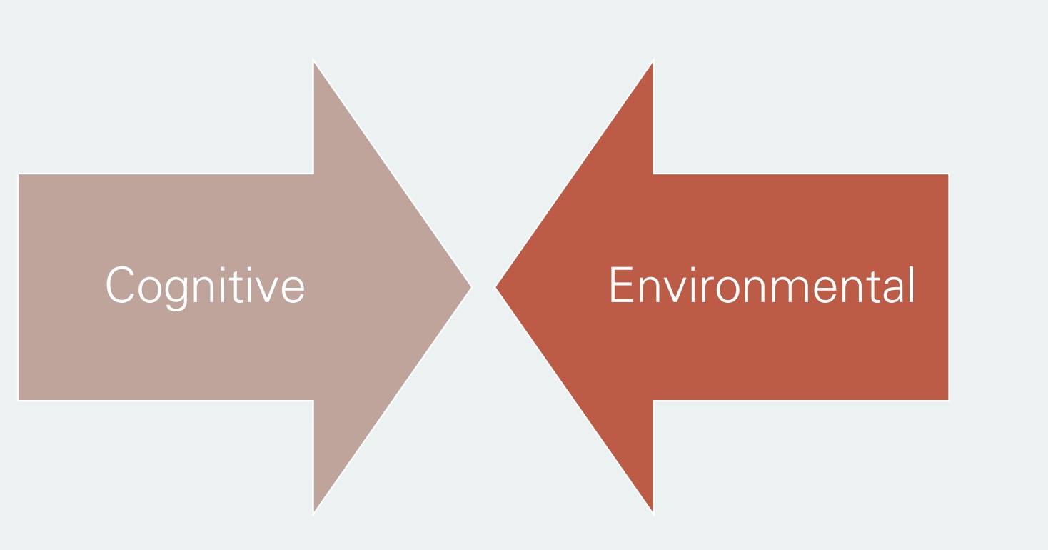 <p>-different and overlap; opposites of each other</p><p><u>Cognitive</u></p><p>-harder to determine, understand, and fix</p><p>-ex: low motivation, self-efficacy, fear, knwoeldge</p><p><u>Environmental</u></p><p>-what we think of more, focus in the past</p><p>-ex: weather, not safe area, no gym</p>