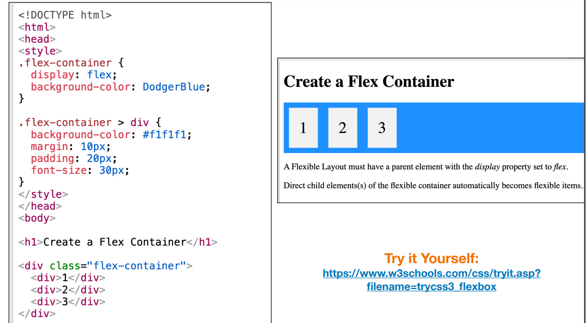 <p>A Flexbox always consists of: • a Flex Container - the parent (container) </p><p>element • Flex Items - the items inside the container</p><p> A Flex Container with Three Flex Items • To start using CSS Flexbox, you need to first define a flex container. • The flex container becomes flexible by setting the display property to flex.</p>