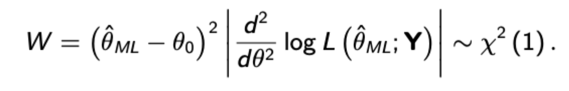 <p>Uses the absolute value of the second derivative of the log likelihood function and has a chi squared distribution with 1 degree of freedom. Proof uses a second order Taylor approximation for the restricted log likelihood around the ML estimate.</p>