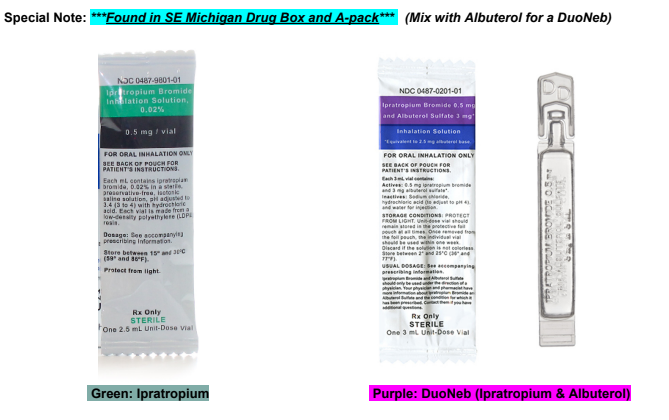 <p>blocks acetylcholine in bronchioles to cause bronchodilation and reduced mucous production<br>Adult: 0.5 mg diluted in 2.5 ml NS via nebulizer. May repeat dose              twice</p><p>Ped: 250-500 mcg diluted in 2.5 ml saline via nebulizer every 20               mins up to 3 doses</p>