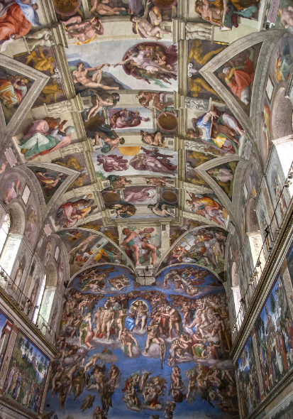 <p>Michelangelo’s <em>Sistine Chapel</em>, ceiling frescoes, 1508-1512, the Vatican. Michelangelo subdivided the barrel vault ceiling of the Chapel with illusionistic <span>transverse arches framing nine scenes from the Old Testament’s Book of Genesis that foretell the coming of Christ</span></p>