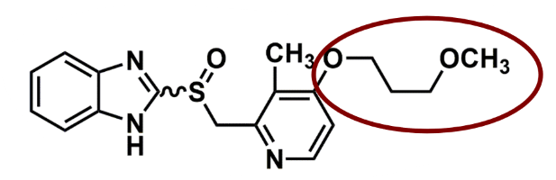 <ul><li><p><u>pharmacophore:</u> <strong>benzimidazole </strong></p></li><li><p>racemic mixture</p></li><li><p>Pyridine: substituents are EDG (<strong>methoxypropoxy</strong>) - increase nucleophilicity and allow for protonation</p></li><li><p><strong>fast conversion</strong> to active compared to the other PPIs</p></li></ul>