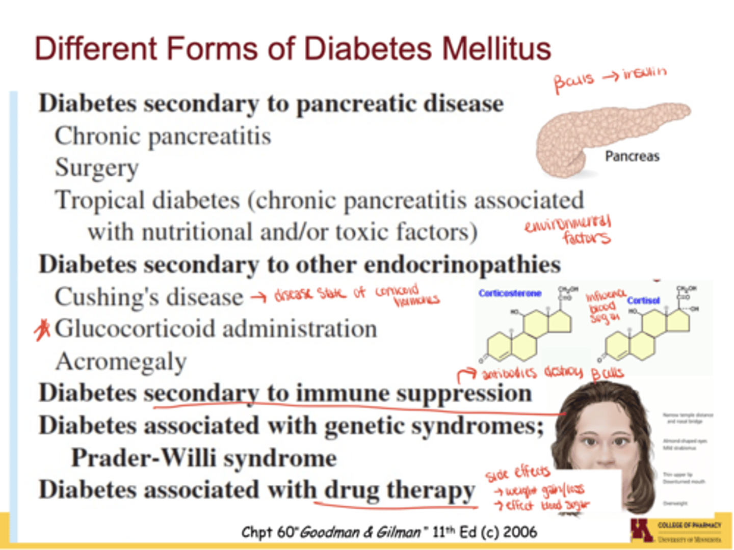 <p>Chronic pancreatitis, pancreatic surgery, nutritional deficiencies ("tropical diabetes"), toxins/pesticides, endocrinopathies (Cushing's, acromegaly), steroid drugs (cortisol, corticosterone), and immune suppression</p>