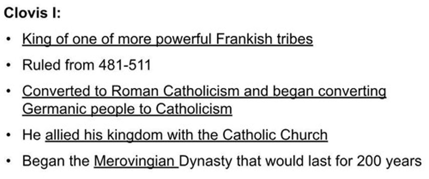 <p>The king of a powerful Frankish tribe who ruled from 481-511 and converted to Roman Catholicism.</p>