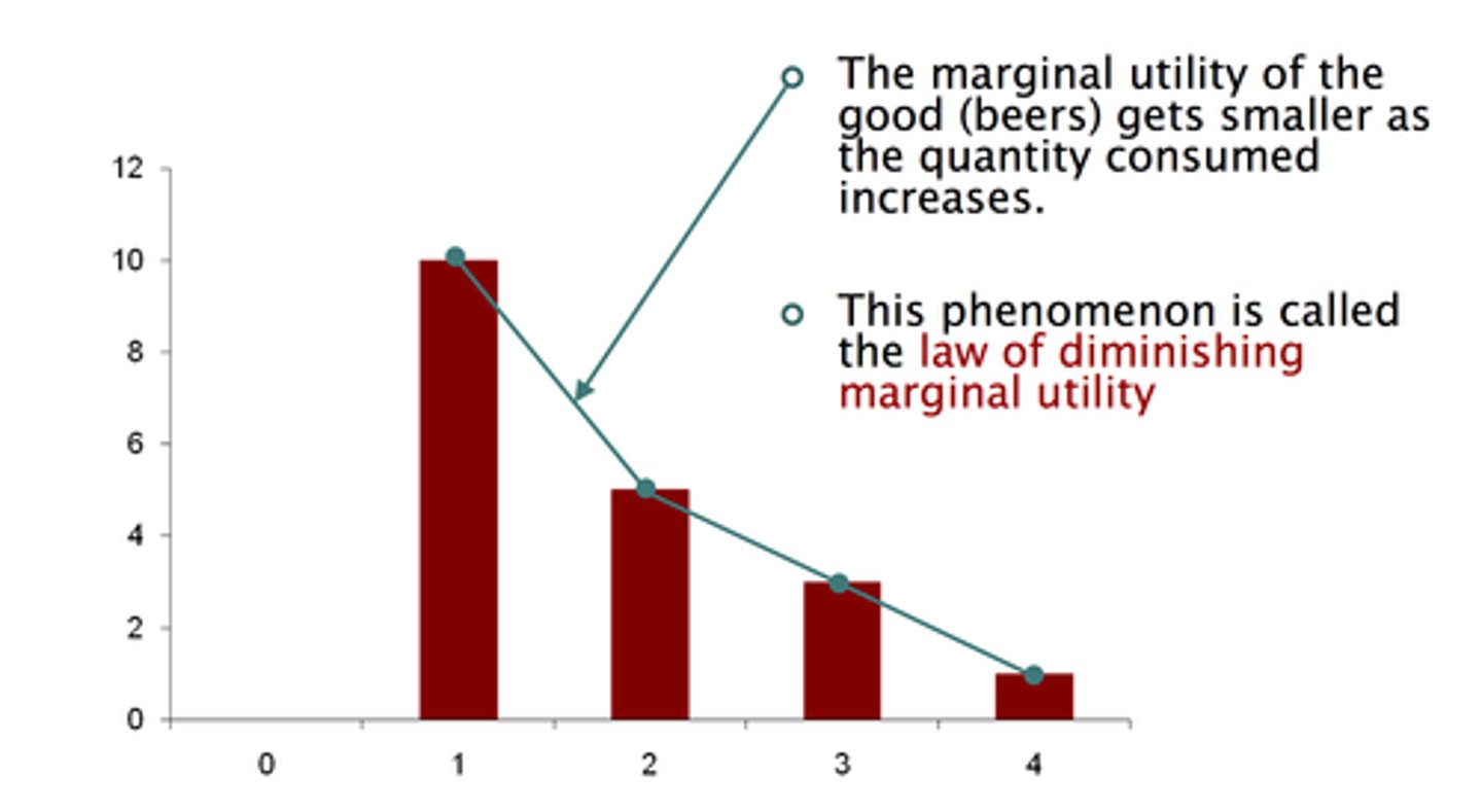 <p>The principle that consumers experience diminishing additional satisfaction as they consume more of a good/service during a given period of time.</p>
