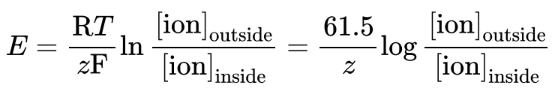 <p>used to determine the membrane potential from the intra- and extracellular concentrations of the various ions</p><p>where R is the ideal gas constant, T is the temperature in kelvins, z is the charge of the ion, and F is the Faraday constant (96, 485 C/mol e− )</p><p>simplification assumes body temperature</p>