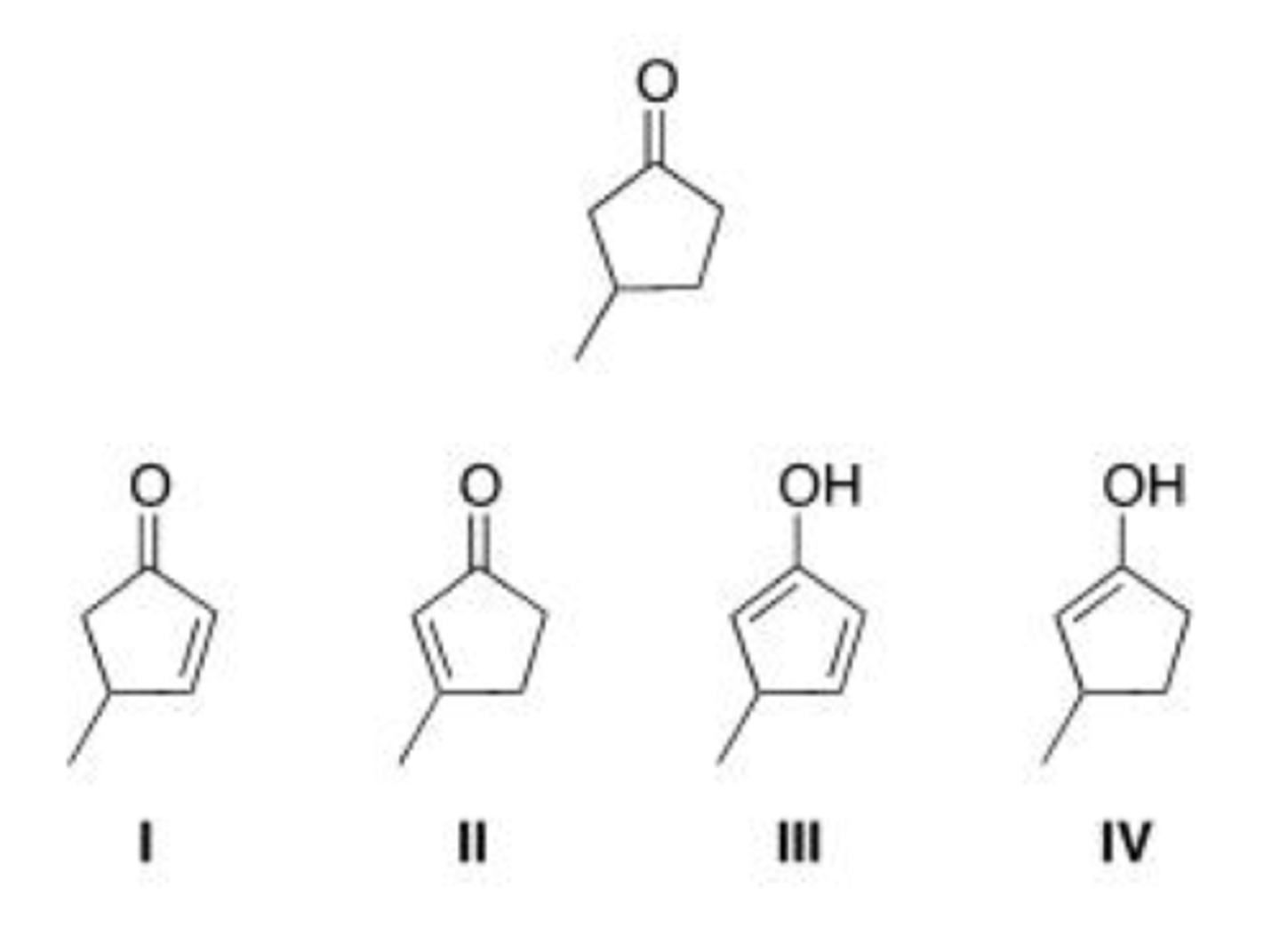 <p>Which of the following is an enol form of the following compound?</p><p>A. I</p><p>B. II</p><p>C. III</p><p>D. IV</p>