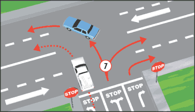 When turning at a "T" intersection from a one-way street into a two-way street, you may turn either right or left from the \_________________.
