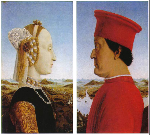 <p>i) Highlighting specific characteristics to show how one subject is unique from another</p><p>Painting: &apos;<del>The</del> Duke &amp; Duchess of Urbino&apos; by Piero della Francesca (1465-1466)</p>