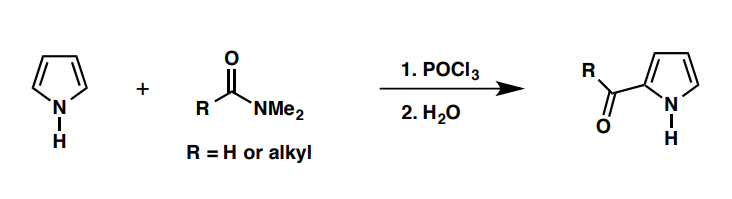 <ol><li><p>POCl<sub>3</sub> + RCONMe<sub>2</sub></p></li><li><p>H<sub>2</sub>O + RCClN<sup>+</sup>Me<sub>2</sub> + pyrrole</p></li></ol><p></p>