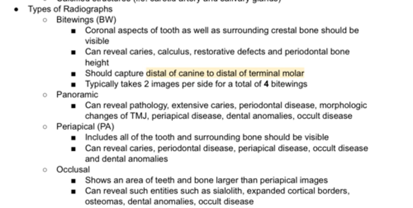 <p>4 Types of Radiographs:</p><p>BW</p><p>PA</p><p>Panoramic</p><p>Occlusal</p><p>- already covered in Part 1 quizlet </p>