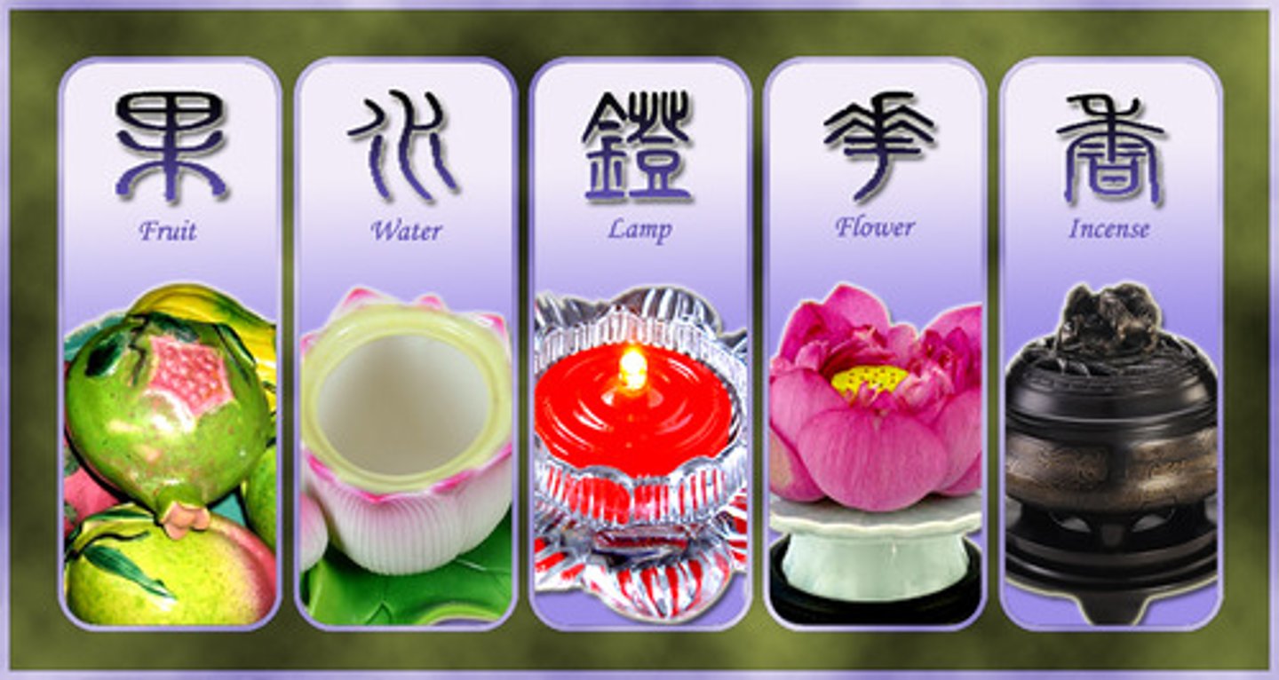 <p>These small gifts, including incense (joss sticks), flowers, a lamp, water, and fruit (specifically, five types of fruit), are offered to ancestors, gods, and other spiritual beings.</p>