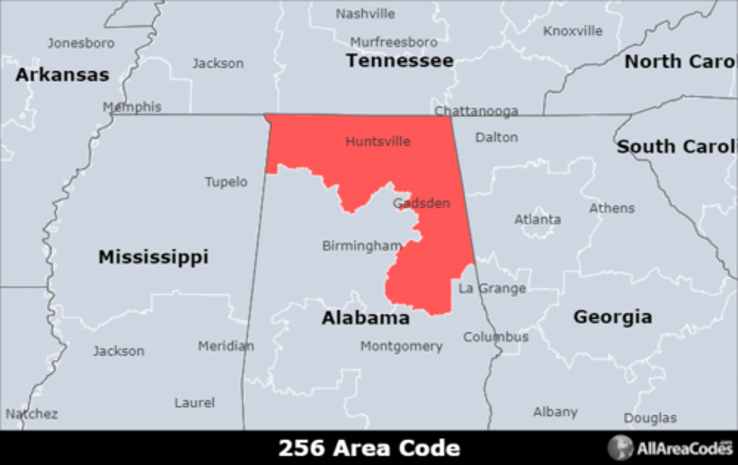 <p>Area code 256 is located in northeastern Alabama and covers Huntsville, Decatur, and Madison. It has a single overlay (938) that serves the same area.</p>
