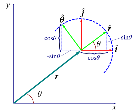 <ul><li><p>both <strong>r^ </strong>and $$\theta$$^ are functions of $$\theta$$: they change as angle changes</p></li><li><p><strong>r^</strong> is in the direction of <strong>r </strong>(where <strong>r</strong> $$=r\left(\cos\theta i+\sin\theta j\right)$$ due to $$x=r\cos\theta$$ and $$y=r\sin\theta$$) </p></li><li><p>i.e it is a vector from the centre to a point on the circumference of a unit circle. Therefore (see diagram):</p></li></ul><p><strong>r^</strong>$$=\cos\theta i+\sin\theta j$$ </p><ul><li><p>the direction can also simply be written as d<strong>r</strong>/dr, i.e rate of change of total vector <strong>r</strong> with respect to rate of change of magnitude of vector <strong>r </strong></p></li><li><p> the unit vector of $$\theta$$ ($$\theta$$^) must correspond to the effect that a change in angle $$\theta$$ has on <strong>r</strong>, therefore</p></li></ul><p>$$\theta$$^ $$\cdot r$$ = $$\frac{dr}{d\theta}=r\left(-\sin\theta i+\cos\theta j\right)$$ </p><p>$$\theta$$^ $$=-\sin\theta i+\cos\theta j$$ </p><ul><li><p>note this proves mathematically that they are always perpendicular to each other</p></li></ul><p></p>