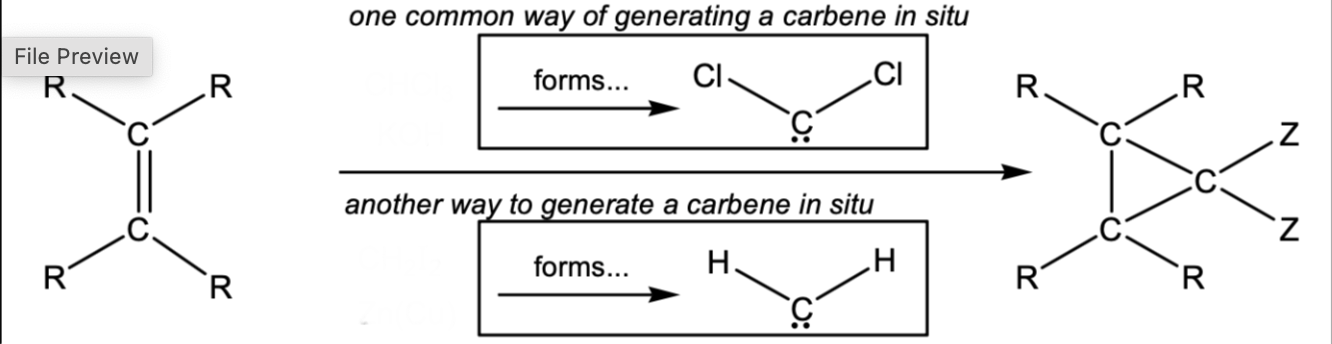 <p>Cyclopropane ring from an alkene</p>