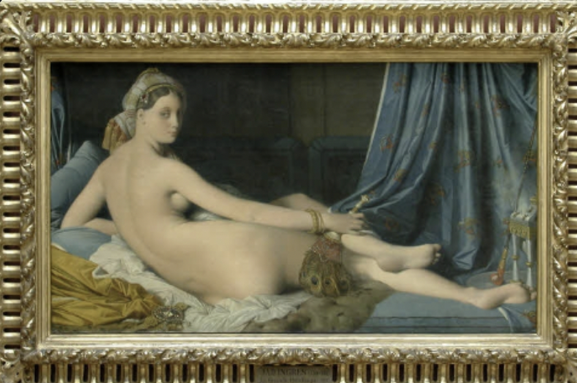 <ul><li><p><strong>1814, Louvre, neoclassicism</strong></p></li><li><p>Ingres</p></li><li><p><u>Odalisque</u> - harem girl</p></li><li><p>staying in <u>Seraglio</u> - women’s apartments of a sultan</p></li><li><p>comissioned by nap’s sister (Ingres never got the money bc nap died) :(</p></li><li><p>VERY criticized</p><ul><li><p>nude but not god</p></li><li><p>direct eye contact w viewer</p></li><li><p>drugs on her bed (hash pipe)</p></li><li><p>closeup view</p></li></ul></li><li><p>problems w painting</p><ul><li><p>rly long back</p></li><li><p>leg not rly attatched to hip</p></li><li><p>no bones??</p><ul><li><p>defenders think ingres wasn’t trying realism</p></li></ul></li></ul></li></ul>