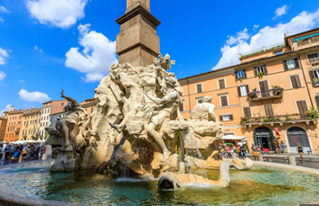 <p>Located in Piazza Navona, Rome, Italy</p><p>By <strong><em>GIAN LORENZO BERNINI</em></strong></p><p>Features four monumental figures representing the major rivers of the known continents at the time – <strong><em>Nile, Ganges, Danuber &amp; Rio de la Plata – </em></strong>surrounding an Egyptian Obelisk symbolizing the global reach of the Catholic church.</p>