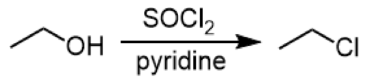 <ul><li><p>reagent: SOCl<sub>2</sub> (above), pyridine (below) </p></li><li><p>for stereochemistry: causes an inversion of stereochemistry</p></li></ul><p></p>