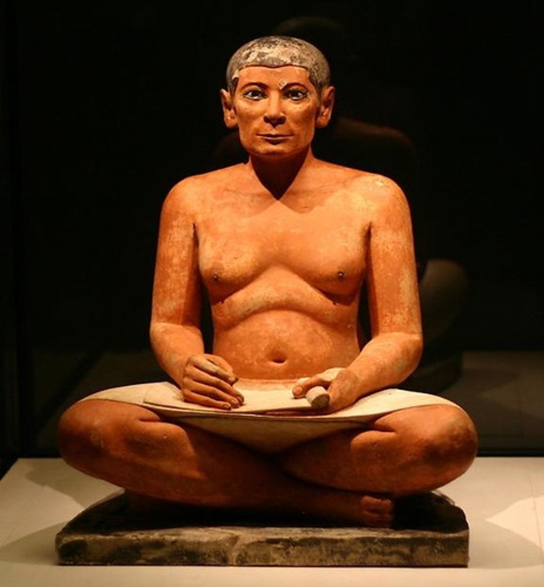 <p>Name: Seated Scribe</p><p>Time Period: Fifth Dynasty, 2450-2325 BCE</p><p>Medium: Painted Limestone with Stone Inlays</p>