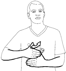 <p>With your flattened hand, tap the other hand twice in the middle of the index finger</p>