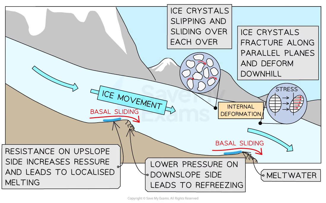<p>Basal Sliding - Meltwater forms under pressure and the meltwater acts as a lubricant and helps ice to flow</p><p>Internal Deformation - Ice crystals within the glacier slip and slide over each other. The ice crystals may also become deformed or fractured under pressure</p>