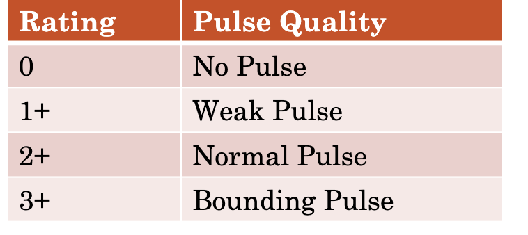 <p><span style="color: #000000"><span data-name="black_small_square" data-type="emoji">▪</span></span><span style="color: #000000"> Strong pulse – is a pulse that is both full and normally strong. A “bounding” pulse is abnormally strong.</span><span style="color: #000000"><br><span data-name="black_small_square" data-type="emoji">▪</span></span><span style="color: #000000"> Weak pulse – is a pulse that does not feel full or is difficult to find or palpate. A weak pulse might also be rapid. The term used for a weak, rapid pulse is “thready”.</span><span style="color: #000000"><br><span data-name="black_small_square" data-type="emoji">▪</span></span><span style="color: #000000"> Regular pulse – is a usual, normal pulse that occurs at regular intervals.</span><span style="color: #000000"><br><span data-name="black_small_square" data-type="emoji">▪</span></span><span style="color: #000000"> Irregular pulse – is a pulse that occurs at irregular intervals and might indicate cardiac disease. An irregular pulse can be regularly irregular or irregularly irregular</span></p>