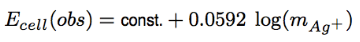 <p>1) Obtain the apparent value of the “const.” from an initial measurement of Ecell with a solution of known mAg+ ≈ [Ag+]. (calibration step)</p><p>2) Then use “const.” and Ecell to deduce mAg+ ≈ [Ag+] when other equilibria are taking place (i.e. when you add other reagents)</p><p>3) Follow the lab write-up for calculations.</p>