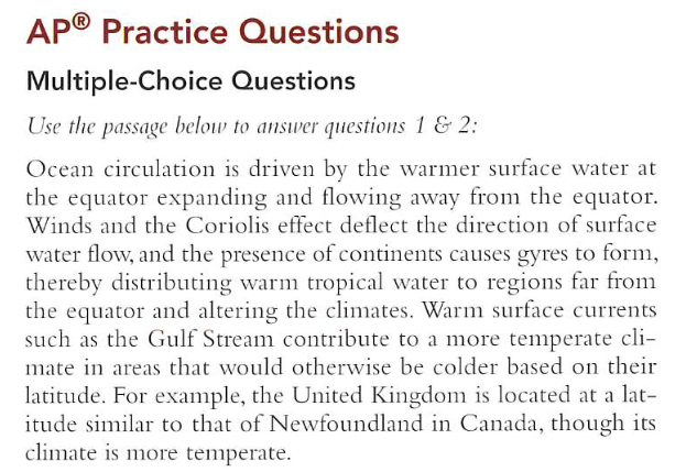 <p>which of the following best describes a factor that drives ocean currents?</p><p>a. salinity drives ocean currents, as saltier water rises to the surface</p><p>b. surface winds drive ocean currents, as all wind blows away from the equator</p><p>c. temperature drives ocean currents, as warm water expands in volume</p><p>d. precipitation drives ocean currents, as more water volume is added to the ocean each day</p>