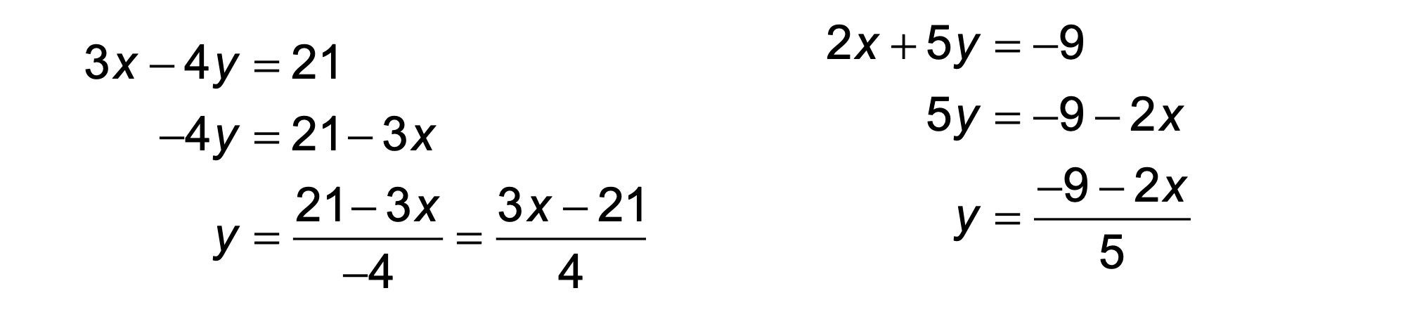 <ul><li><p>Isolate the Y by subtracting x value on both sides </p></li><li><p>Divide both equations by the Y coefficient </p></li><li><p>Find where they intersect</p></li></ul><p></p>