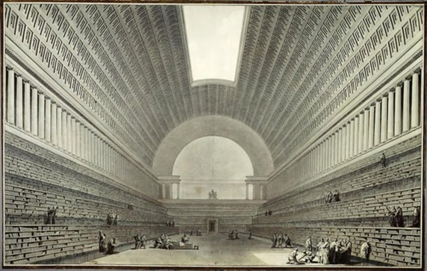 <p>An enormous semi-cylinder lit by a skylight cut into a coffered barrel vault</p>