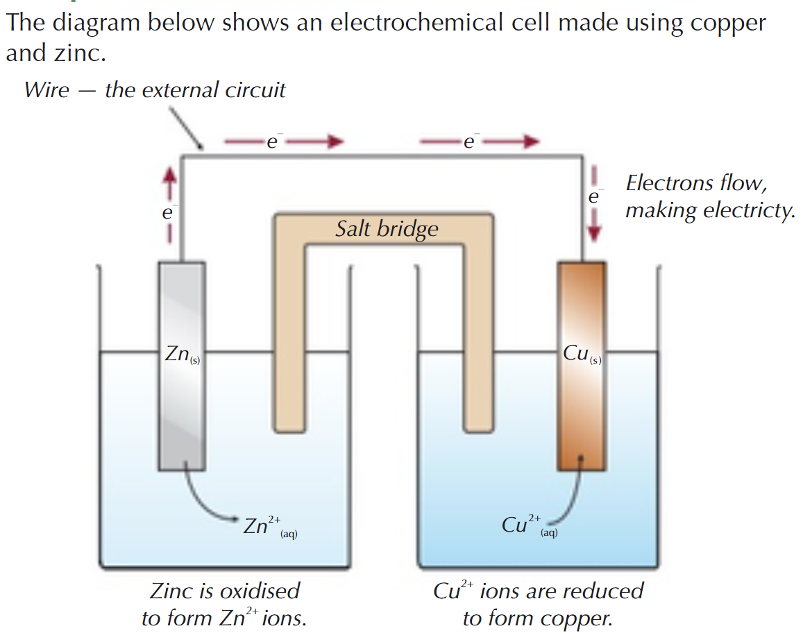 <p><strong> A salt bridge:</strong></p><ul><li><p>a strip of filter paper soaked in potassium nitrate solution, KNO<sub>3</sub>(aq)</p></li></ul><ul><li><p>Allows the ions to flow between the half-cells &amp; completes the circuit (balances out the charges)</p></li></ul><p></p>