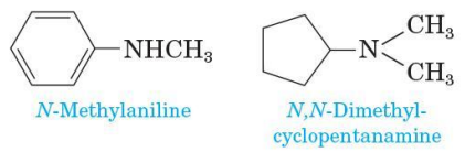 <ul><li><p>name unsymmetrical secondary and tertiary amines as N-substituted primary amines</p></li><li><p>take the largest group bonded to nitrogen as the parent amine</p></li><li><p>name the smaller groups bonded to nitrogen and show their location by using the prefix N-(indicating that they are bonded to nitrogen)</p></li></ul><p></p>