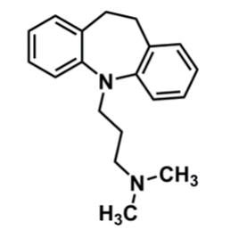 <ul><li><p>pharmacophore: dihydrodibenzoazepine</p></li><li><p>propyl side chain + <strong>tertiary </strong>amine → lipophilicity</p><ul><li><p>can undergo meatbolic conversion to secondary amine → desipramine (both active) </p></li></ul></li><li><p>non-selective b/w NET and SERT</p></li></ul><p></p>