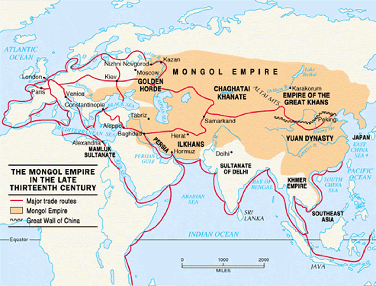<p>the largest land empire in the world, stretching across Eurasia from the Pacific Ocean to Eastern Europe. A nomadic culture unified by Genghis Khan in the early 1200s.</p>