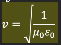 <p>Maxwell combined his equations describing electromagnetism to produce another equation called the wave equation, which calculates the speed of EM waves</p><ul><li><p>Extended on the existing wave equation:  v=fλ → derived from v=s/t</p></li></ul><p>Involves the constants:</p><ul><li><p>the permeability of free space (resistance against the formation of a B field in vacuum)</p></li><li><p>the permittivity of free space (resistance against the formation of an E field in vacuum)</p></li></ul><p></p>