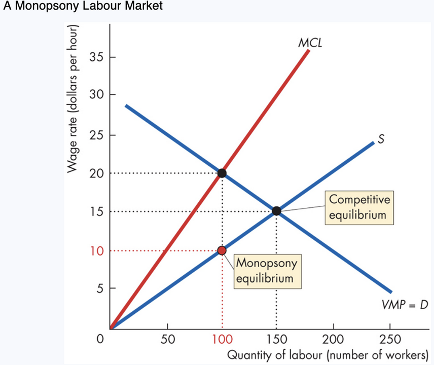 <p><span style="background-color: transparent; font-family: "Times New Roman", serif;"><strong><span>9. Monopsony in Labour Markets</span></strong></span></p><p><span style="font-family: "Times New Roman", serif;"><span>A </span><strong><span>monopsony</span></strong><span> = labour market with </span><strong><span>___ employer</span></strong><span>.</span></span></p><ul><li><p><span style="background-color: transparent; font-family: "Times New Roman", serif;"><span>Provincial governments hiring nurses</span></span></p></li><li><p><span style="background-color: transparent; font-family: "Times New Roman", serif;"><span>A mining firm in a __ town</span></span></p></li></ul><p><span style="background-color: transparent; font-family: "Times New Roman", serif;"><span>Monopsony behaviour</span></span></p><ul><li><p><span style="background-color: transparent; font-family: "Times New Roman", serif;"><span>Faces </span><strong><span>upward-sloping labour supply curve</span></strong></span></p></li><li><p><span style="background-color: transparent; font-family: "Times New Roman", serif;"><span>Must __ wages to attract more workers</span></span></p></li><li><p><span style="font-family: "Times New Roman", serif;"><span>BUT must pay the higher wage to </span><em><span>___</span></em><span> workers → </span><strong><span>Marginal Cost of Labour (MCL)___ wage rate</span></strong></span></p></li></ul><p></p>