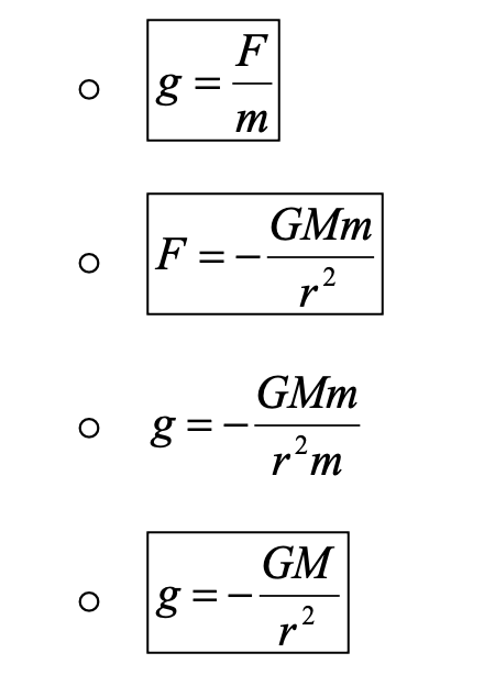 <p>Start with g= F/m</p><p>Plug in formula for F (remember -ve)</p>