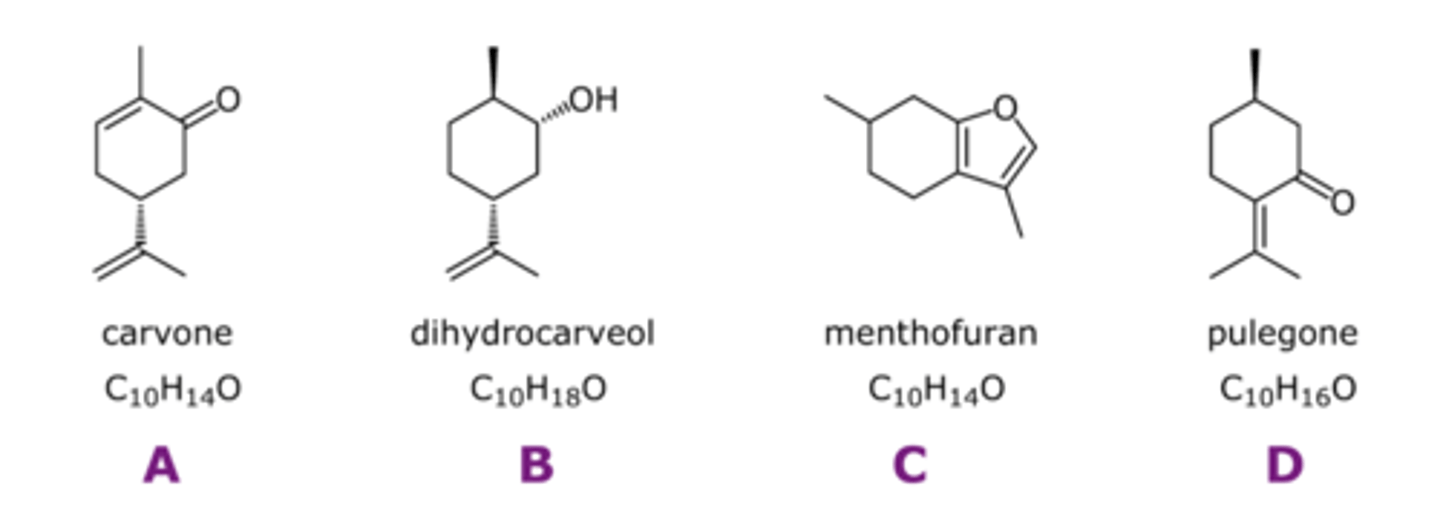 <p>B: O and OH on a molecule think polar</p><p>polar = hydrophilic (strong interactions with silica gel; wont move far up the plate)</p>