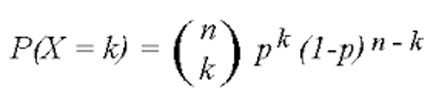 <p>nCr P^r * (1-p)^(n-r)</p><p>p = probability of success</p><p>r = number of times you want success</p><p>n= number of trials</p>
