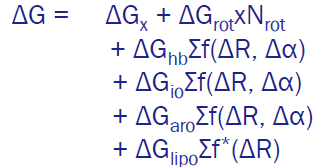 <p>= estimates protein-ligand binding by summing weighted interaction terms (H-bonds, hydrophobic,…) where the weights are obtained by fitting experimental binding data of known protein-ligand complexes using regressionmethods (=adjusting weights to match exp data)</p><p>Free energy terms</p><ul><li><p> $$\Delta Gx$$ =contains all unknown contributions learned through regression </p></li></ul><ul><li><p>polar interactions: H-bonds and ionic</p></li><li><p>apolar interactions: aromatic and lipophylic</p></li><li><p>entropic effects: </p><ul><li><p>desolvation effects (removal of water upon binding)</p></li><li><p>loss of ligand flexibility: as ligand binds, the number of rotable bonds decreases ~N<sub>rot</sub> </p></li></ul></li></ul><p>cons</p><ul><li><p>need a training set</p></li><li><p>scores are only good if problem resembles training set</p></li></ul><p>$$Weights=\sum f\left(\Delta R,\Delta\alpha\right)$$ </p><p>$$\Delta R,\Delta\alpha$$ —> The more you deviate from the ideal angle/distance the worse the score will be and how much worse is determined by the weights</p><p></p>