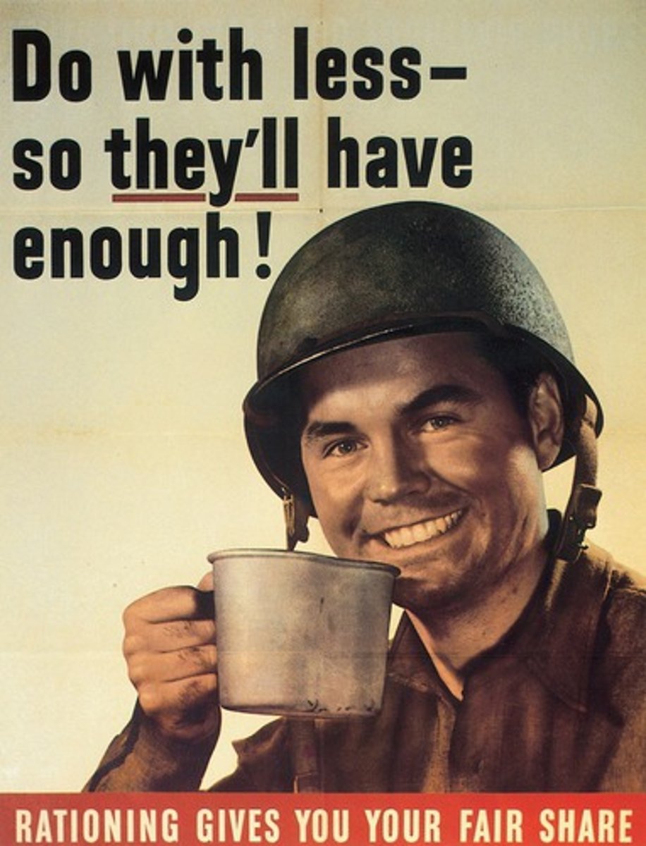 <p>limiting the amount of food, water, gasoline, or other necessary substances that each person is allowed to have or buy</p>