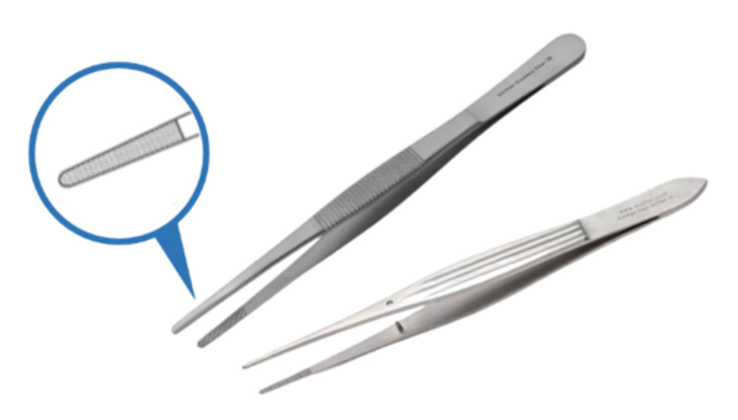 <p>tweezer-like forceps whose tips have serrations rather than teeth; their primary function is to manipulate tissue &amp; pack surgical sites</p>