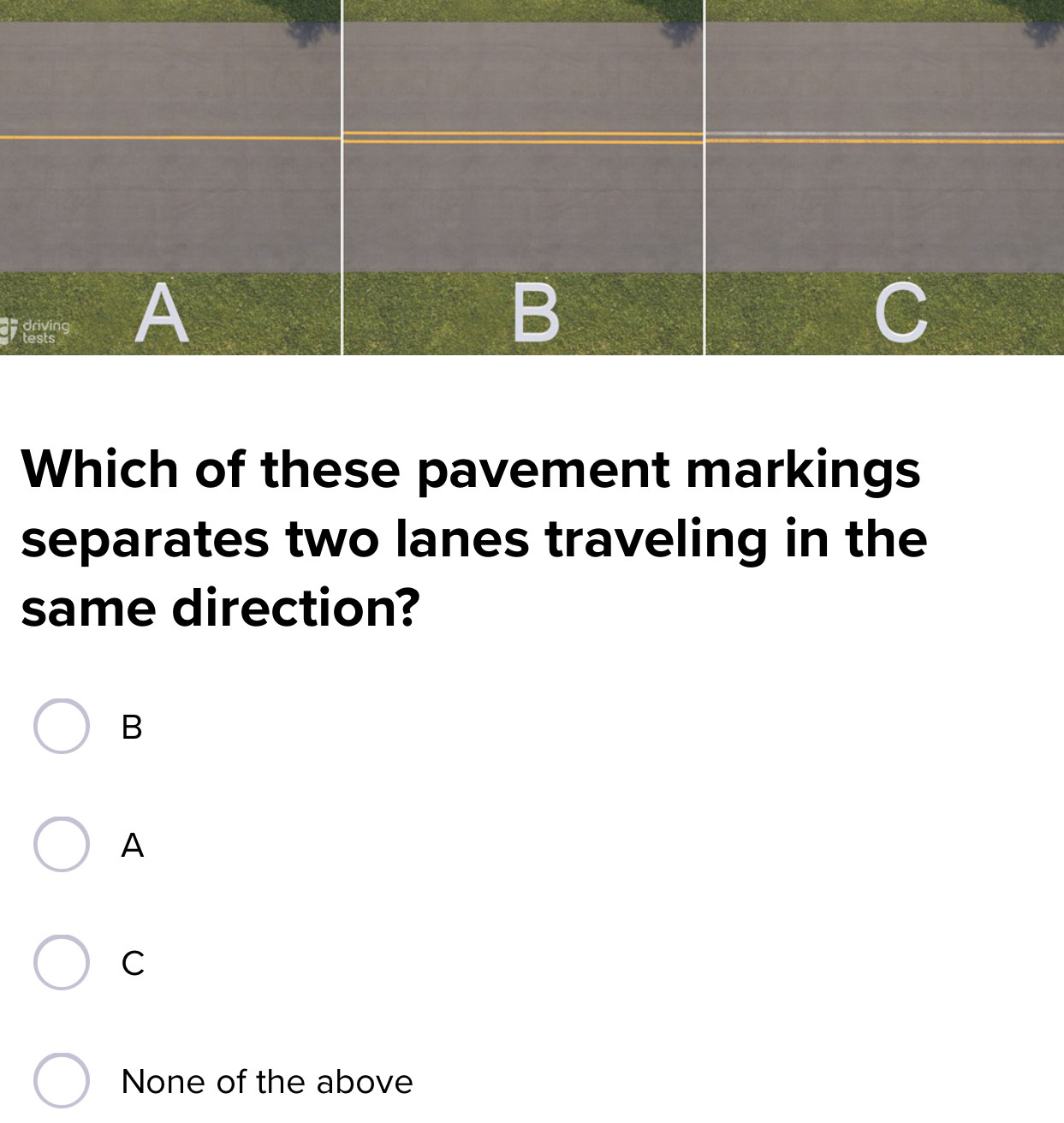 <p>Which of the following pavement markers separates two lanes of traffic traveling in the same direction?</p>