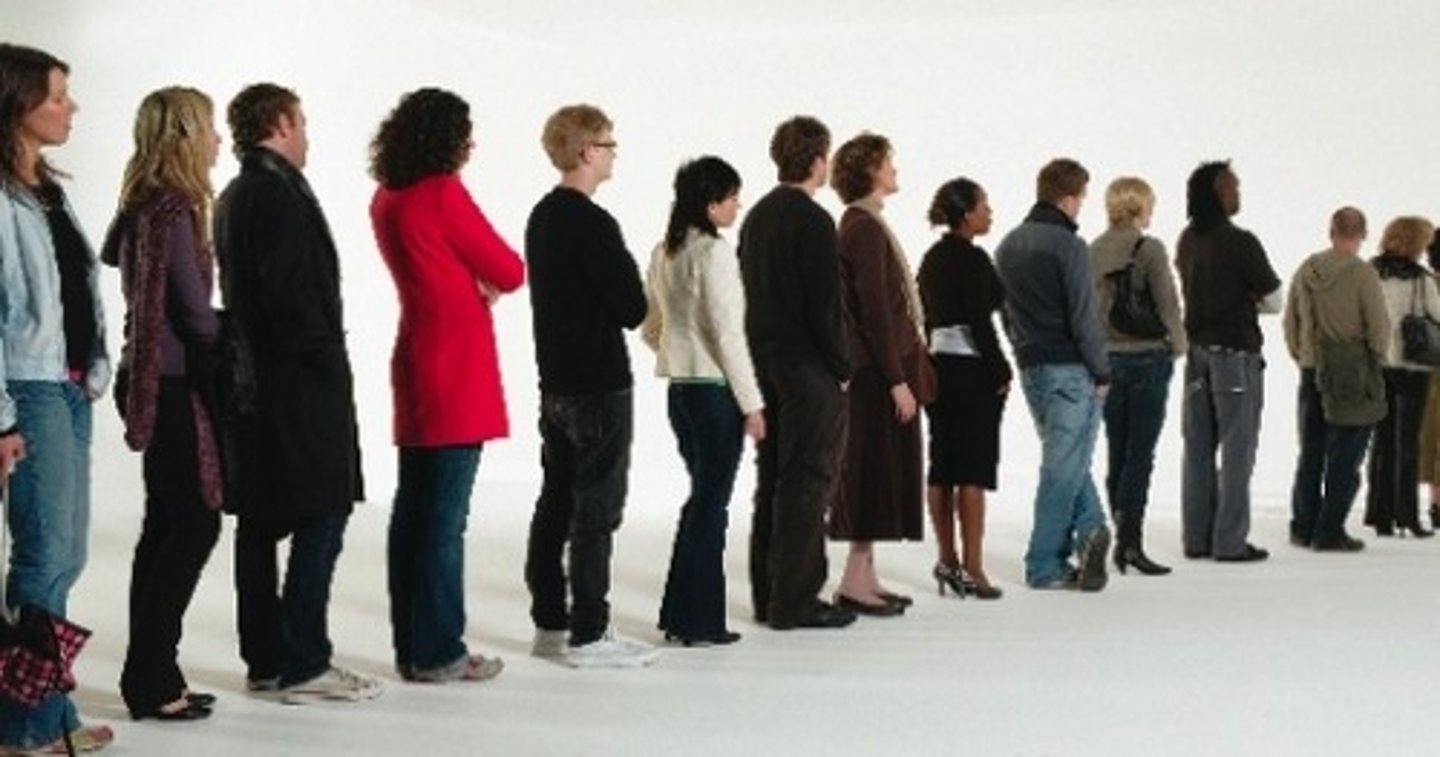 <p>wait in line; form a line</p>