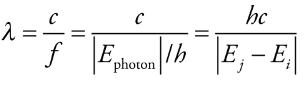 <p>Photon’s wavelength:</p><ul><li><p>λ = wavelength</p></li><li><p>c = speed of light</p></li><li><p>f = frequency</p></li><li><p>h = Planck’s constant (6.626 × 10&nbsp;-34&nbsp;joule·s)</p></li></ul>