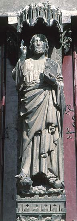 <ul><li><p>trumeau statue, Jamb figure</p></li><li><p>Jesus is standing, blessing all who come into the Cathedral</p></li></ul><p></p>