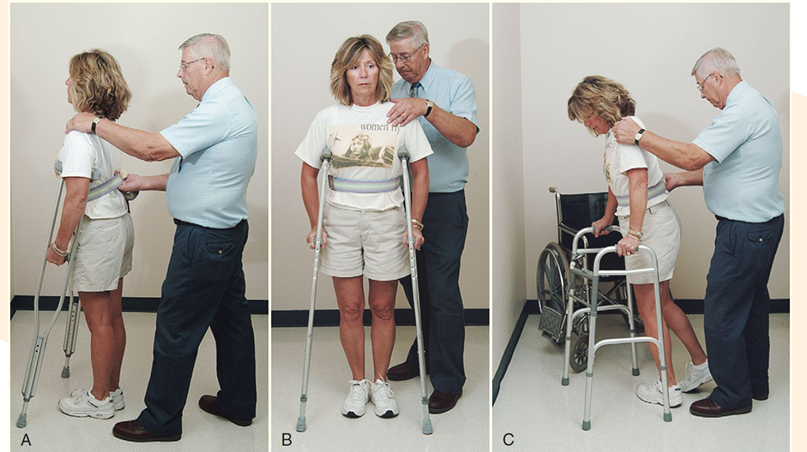 <p>1. The therapist stands posterior and lateral to the patient’s weaker side. </p><p>2. A wide BOS should be maintained with the therapist’s leading LE following the assistive device. The therapist’s opposite LE should be externally rotated and follow the patient’s weaker LE. </p><p>3. One of the therapist’s hands is placed posteriorly on the guarding belt and the other anterior to, but not touching, the patient’s shoulder on the weaker side.</p>