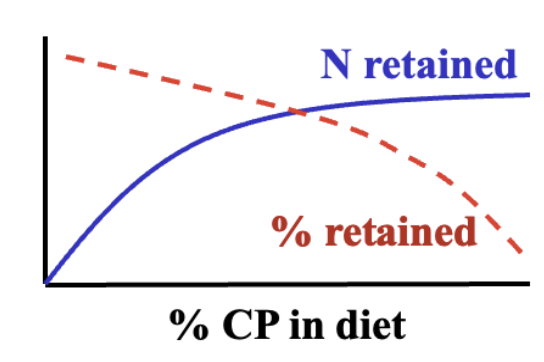 <ol><li><p><span style="background-color: transparent;">Protein gain (N retention) increases as a growing animal is fed a higher %protein in its diet, but the percent of feed N retained decreases—efficiency of protein use decreases as we approach maximum protein gain per day.&nbsp;</span></p></li><li><p><span style="background-color: transparent;"> Protein is used most efficiently when it is the limiting nutrient. To assess the quality of a feed protein, protein must be limiting.&nbsp;</span></p></li><li><p><span>The protein quality of a mixture of protein sources will be greater than the average of the individual sources.&nbsp; </span><span style="background-color: transparent;">Thus, several proteins of lower quality can be blended to give a diet of higher quality.</span></p></li></ol><p></p><p><span style="background-color: transparent;">	-&nbsp; Example:		<u>NPV</u></span></p><p><span style="background-color: transparent;">	Soybean meal 	≈60</span></p><p><span style="background-color: transparent;">	Corn grain		≈50</span></p><p><span style="background-color: transparent;">	Corn-soy mix		≈75</span></p>